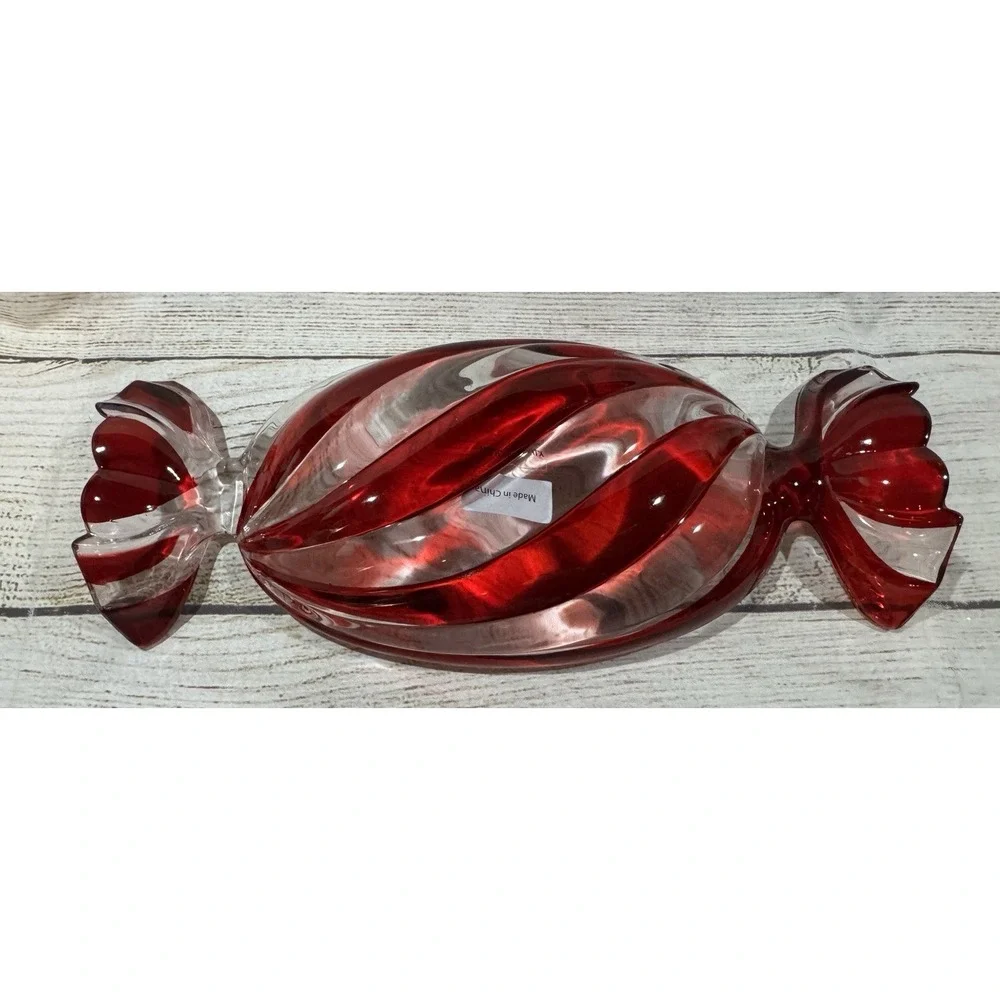 NIB Godinger Gatherings Candy Dish Peppermint Tray Crystal Christmas Red Tub18